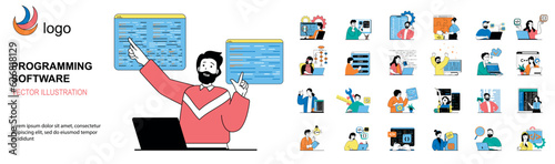 Programming software concept with character situations mega set. Bundle of scenes people working with program code, engineering applications, making scripts. Vector illustrations in flat web design