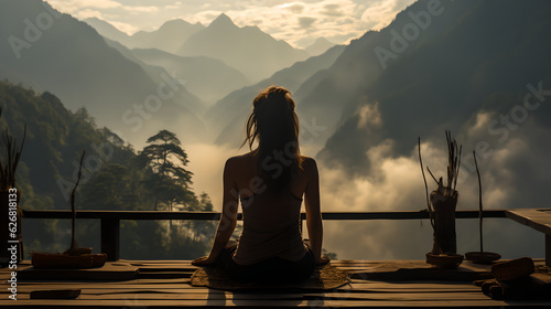 Back view of woman doing yoga on nature with beautiful mountain view  a woman doing yoga exercise in nature. Meditation with view of mountains Healthy lifestyle concept
