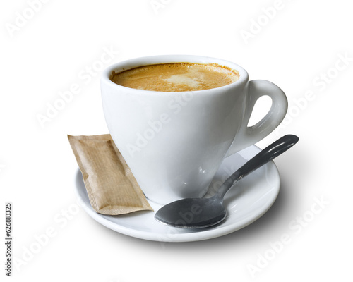 Coffee cup with saucer, teaspoon and a packet of brown sugar isolated on empty background