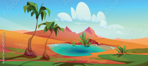Palm tree in desert oasis cartoon vector landscape background. Water in sahara lake egyptian summer mirage. African heat season image. Illustrated arabian nature scene wallpaper for game journey © klyaksun