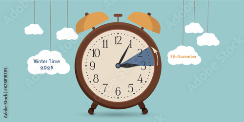 Daylight Saving Time ends concept. Web Banner reminder with fall backward time. Vector illustration with clocks turning to an hour back. 2