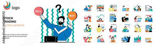 Stock trading concept with character situations mega set. Bundle of scenes people analyzing financial graphs, investing money in stock market, buy and sell. Vector illustrations in flat web design