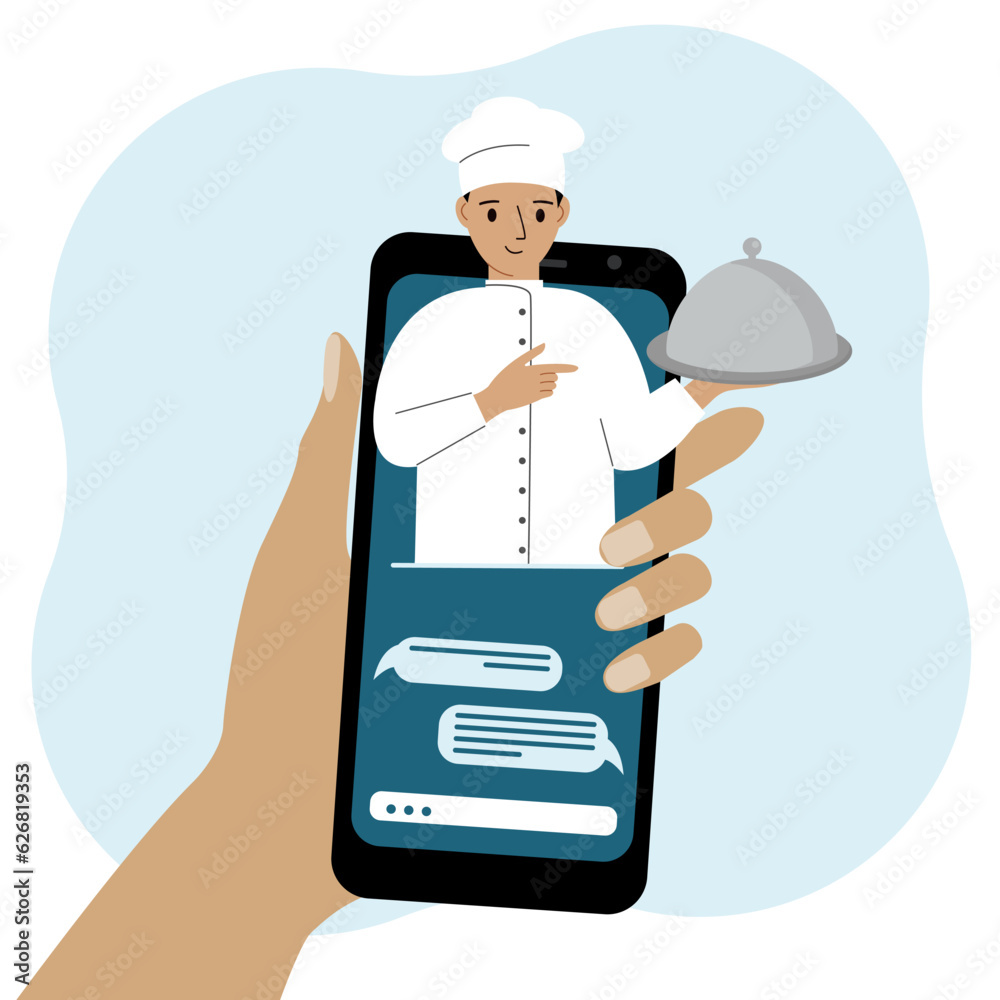 Online food shopping on mobile phone or fast food delivery order. The cook holds a tray with a lid or a plate with a cloche.