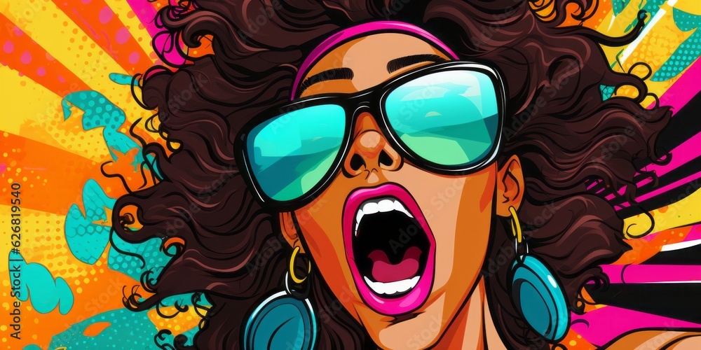 vibrant comic illustration of a black woman shouting on colorful pop art backdrop, Generative AI