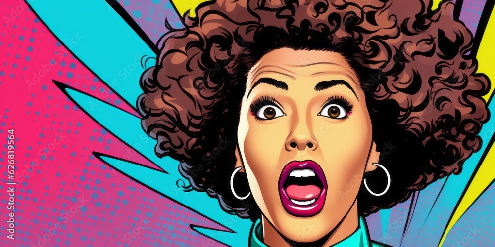 vibrant comic illustration of a black woman shouting on colorful pop art backdrop, Generative AI