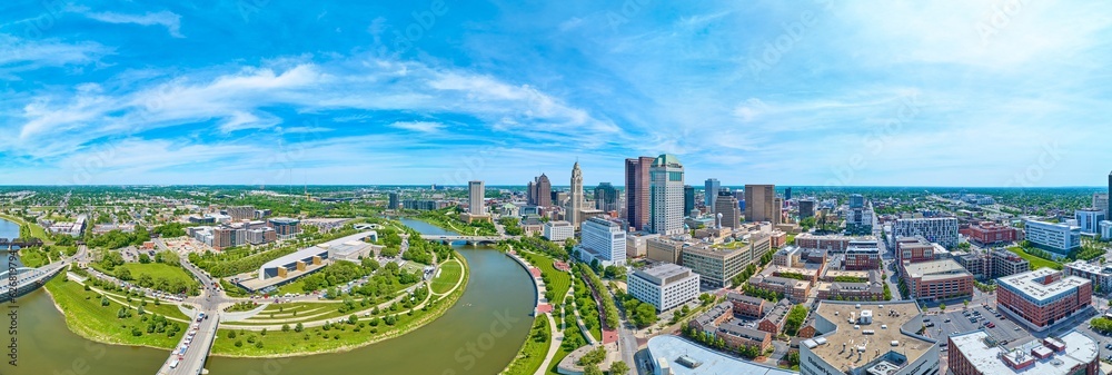Panorama horseshoe bend in Scioto River with downtown Columbus Ohio aerial