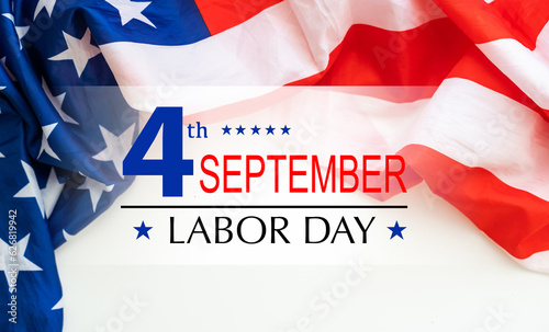 US Labor Day banner template illustration. US labor day celebration with blurred satin american flag on blue background
