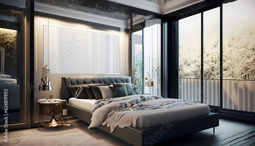 room with bed, luxury apartments interior glass window , Ai generated  © Hina
