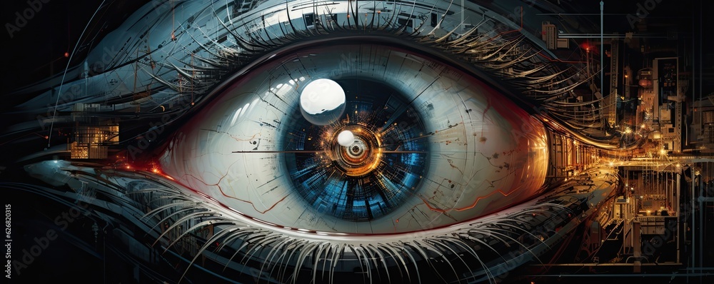 Obraz premium Robotic blue eye,realistic close up view, panorama. Generative Ai.