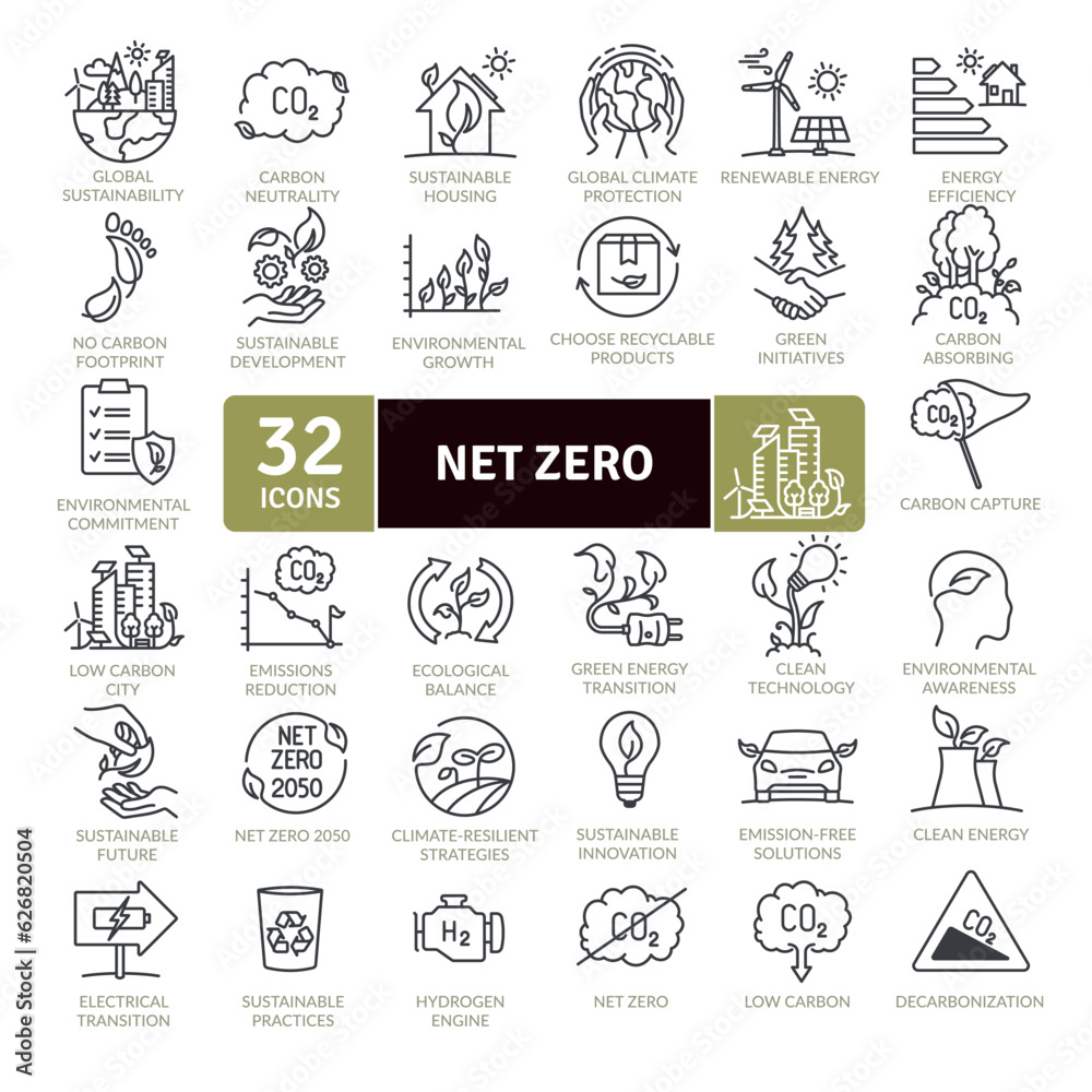 Net Zero and reduction of emissions by 2050 icon pack. Collection of thin line icons