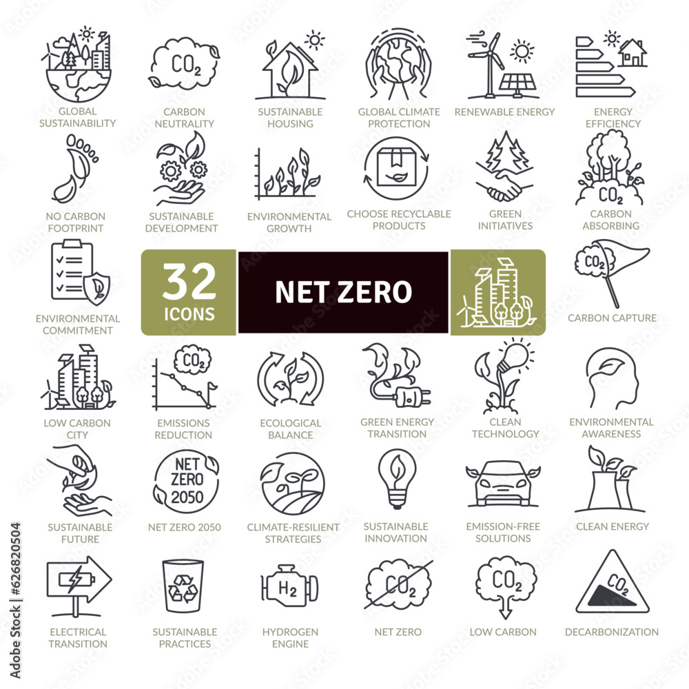 Net Zero and reduction of emissions by 2050 icon pack. Collection of thin line icons Net Zero and reduction of emissions by 2050 icon pack. Collection of thin line icons