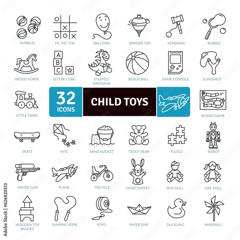 Child Toys Icons Pack. Thin line icons set. Simple vector icons