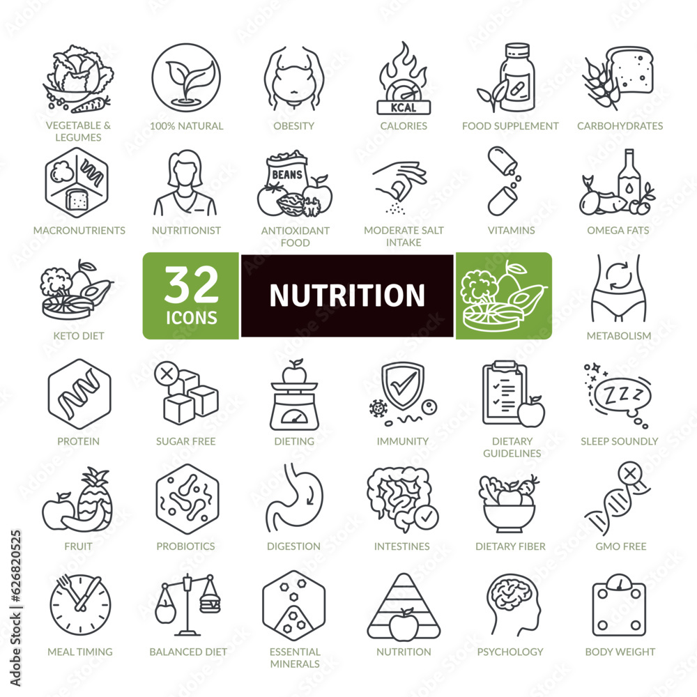 Nutrition and healthy eating icon pack. Collection of thin line icons that support digital navigation