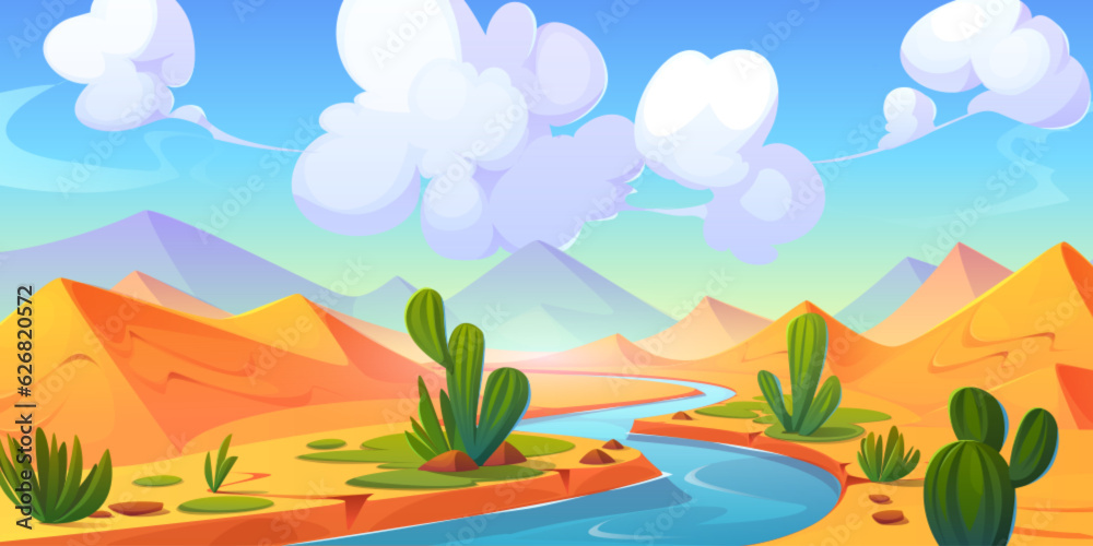 Desert river landscape with sandy dunes and cacti on banks. Vector cartoon illustration of natural background with exotic vegetation, silhouettes of Egyptian pyramids on horizon, clouds in sunny sky