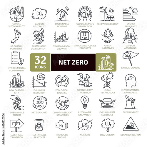 Net Zero and reduction of emissions by 2050 icon pack. Collection of thin line icons photo