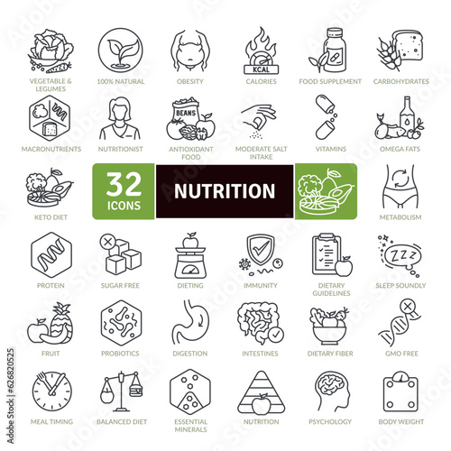 Nutrition and healthy eating icon pack. Collection of thin line icons that support digital navigation