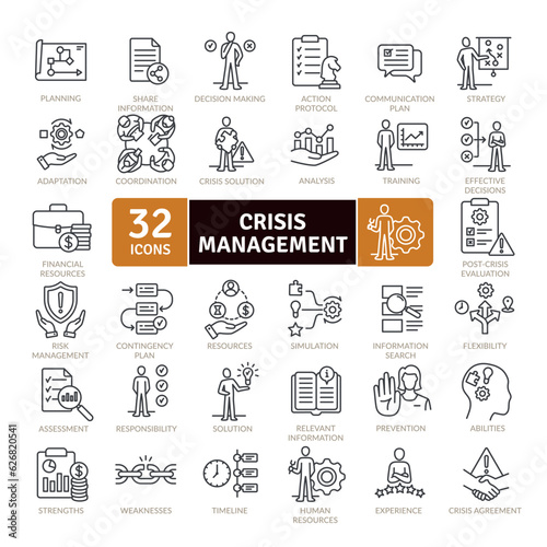 Collection of crisis management icons and tools to avoid it. Thin line icons set. Simple vector icons