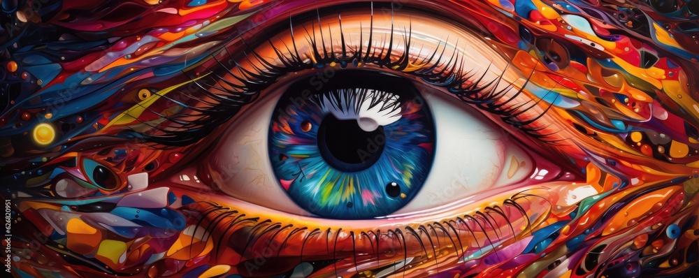 Close-up view of multi colorful human eye, panorama. Generative Ai.