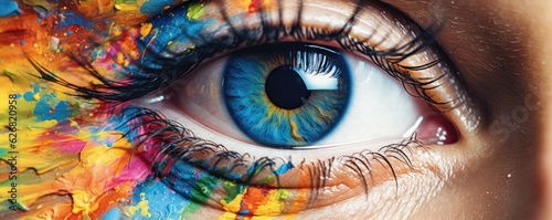 Close-up view of multi colorful human eye, panorama. Generative Ai. #626820958