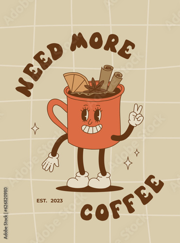 Retro poster with coffee mascot, cartoon characters, funny colorful doodle style characters, cappuccino, cocoa, latte, espresso. Vector illustration with typography elements
