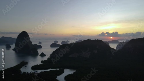 Flying over forest view mountains. smed nangshe Phang Nga national park in Thailand. Tropical nature drone shot.top view photo