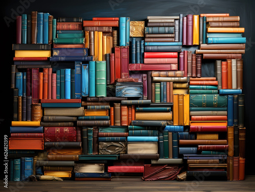 Tomato teal turquoise cyan gold photography, abstract white brown pink yellow illusion of books in hyper-realistic black grey red. Generative AI.