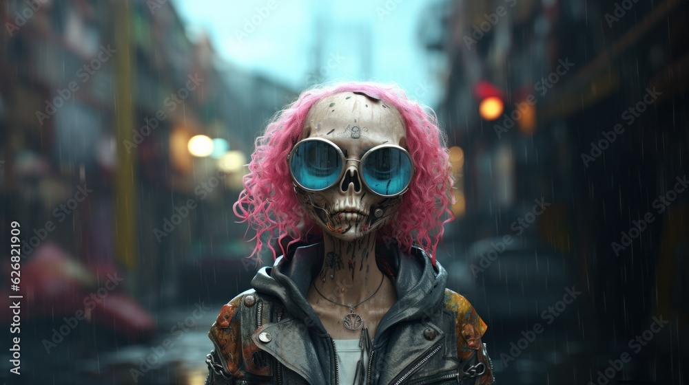 Young rebellious cyberpunk city teenager skeleton portrait caricature, wild unwashed colorful hair and latest street fashion with jewelry and beads on a cold rainy day - generative AI