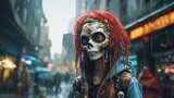 Young rebellious cyberpunk city teenager skeleton portrait caricature, wild unwashed colorful hair and latest street fashion with jewelry and beads on a cold rainy day - generative AI