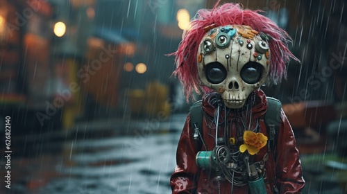 Young rebellious cyberpunk city teenager skeleton portrait caricature, wild unwashed colorful hair and latest street fashion with jewelry and beads on a cold rainy day - generative AI