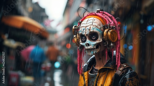 Young rebellious cyberpunk city teenager skeleton portrait caricature, wild unwashed colorful hair and latest street fashion with jewelry and beads on a cold rainy day - generative AI