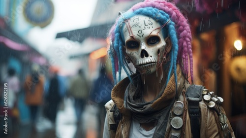 Young rebellious cyberpunk city teenager skeleton portrait caricature, wild unwashed colorful hair and latest street fashion with jewelry and beads on a cold rainy day - generative AI