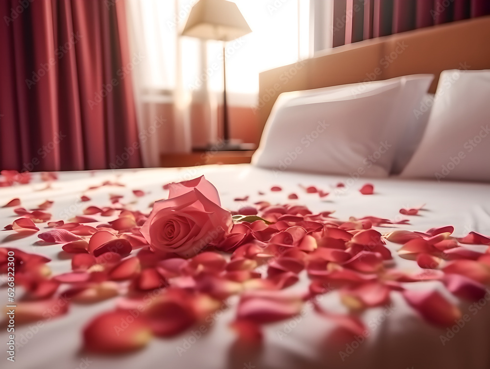 Rose on the bed in hotel rooms. Rose and her petals on the bed for a