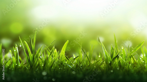 Closeup of lush uncut green grass with drops of dew in soft morning light photo