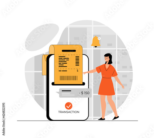 Online payment, mobile banking concept. Woman paying bills, make online transactions using phone app. Illustration with people scene in flat design for website and mobile development.