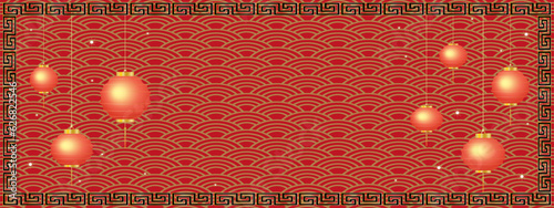 Chinese New Year lunar decoration on gold wave pattern,Vector Japanese street traditional 3d red lamps festive ornament for Asian new year banner background,Web cover or Envelope