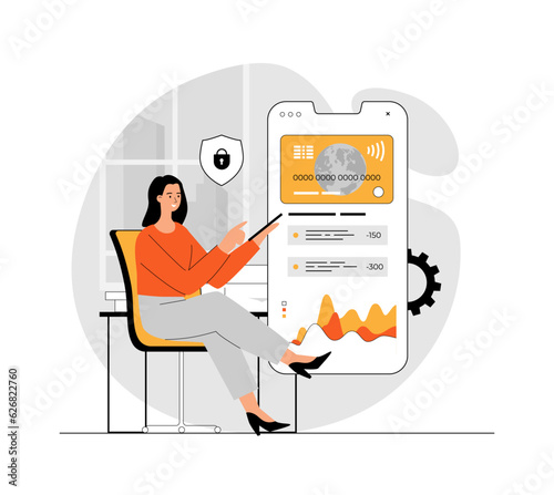 Mobile banking concept. Financial transactions, payments, online banking, money transfers, and bank account. Illustration with people scene in flat design for website and mobile development.