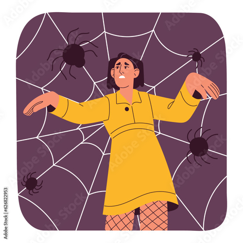 Fear of spiders, arachnophobia concept. Scared woman with spiderweb phobia, afraid of web, cobweb and arachnid insects. Frightened anxious nervous person in panic, stress. Flat vector illustration