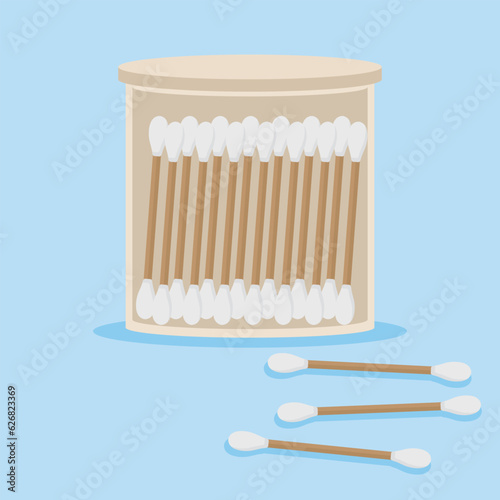 Cotton swabs in container vector illustration on blue background. Cotton swab for hygiene items, self-care and baths. Toiletries and clean items.