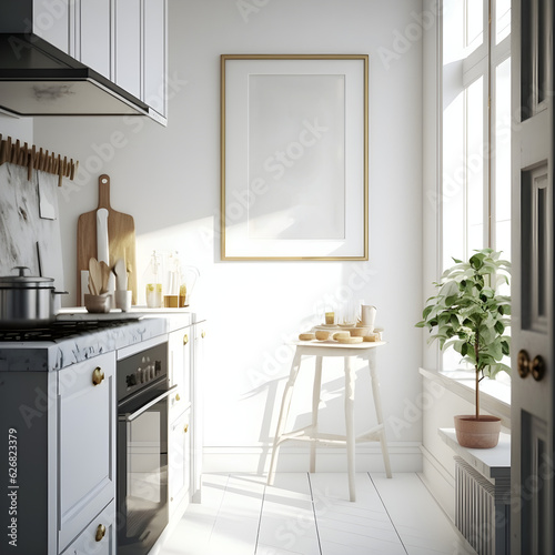 frame mockup in kitchen , wall art mockup for poster aesthetic look ,poster mockup in kitchen , kitchen wall decor mockup