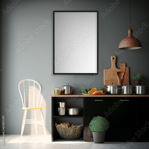 frame mockup in kitchen , wall art mockup for poster aesthetic look ,poster mockup in kitchen , kitchen wall decor mockup