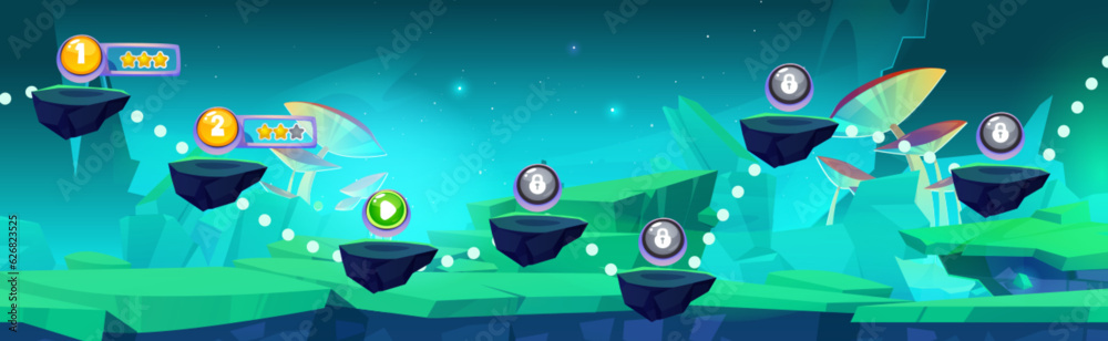Arcade game progress map on fantasy forest background. Vector cartoon illustration of floating stone platforms with golden stars and lock icons, giant mushrooms on green land, stars in night sky