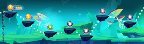 Arcade game progress map on fantasy forest background. Vector cartoon illustration of floating stone platforms with golden stars and lock icons, giant mushrooms on green land, stars in night sky