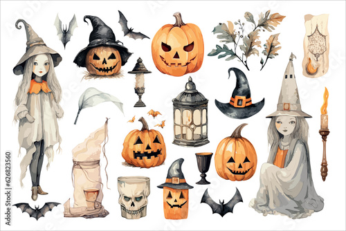 Vintage Halloween illustration with pumpkins, witches, bats and decor elements