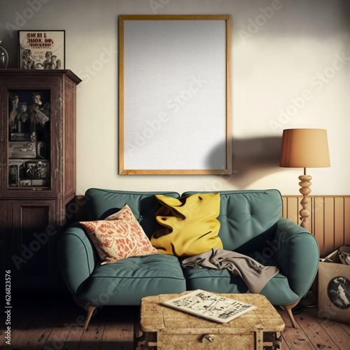 frame mockup in living room , wall art mockup for poster aesthetic look ,poster mockup in living room