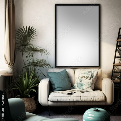 frame mockup in living room with plant by the window, wall art mockup for poster aesthetic look ,poster mockup