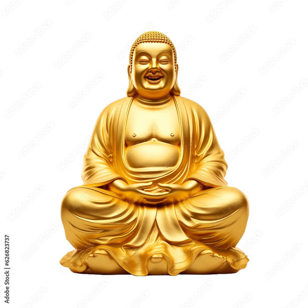 Image of golden buddha statue on white background, png image, genarative ai