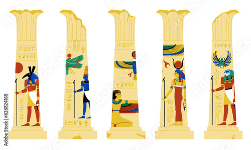 Egyptian pillar. Ancient broken columns with ornamental shapes, temple building decorative elements 2d style. Vector isolated set