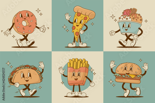 Set of retro cartoon funny fastfood characters. Pizza, burger, french fries, taco, donut, ice cream mascot. Vintage street food vector illustration. Nostalgia 60s, 70s, 80s