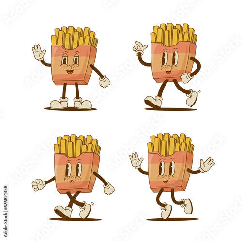 Set of retro cartoon funny french fries characters, mascot. Vintage fast food vector illustration. Nostalgia