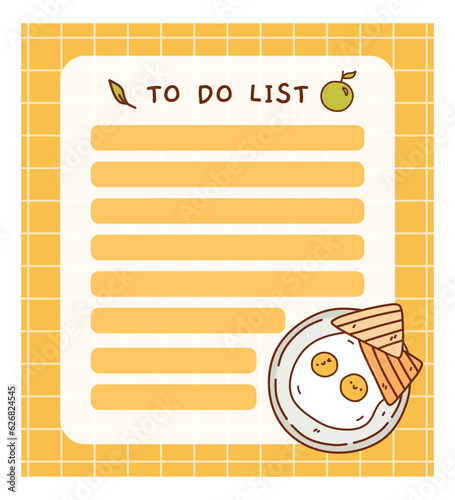 Cute to do list template with fried eggs. Kawaii and funny design of daily planner, schedule or checklist. Perfect for planning, memo, notes and self-organization. Vector hand-drawn illustration.